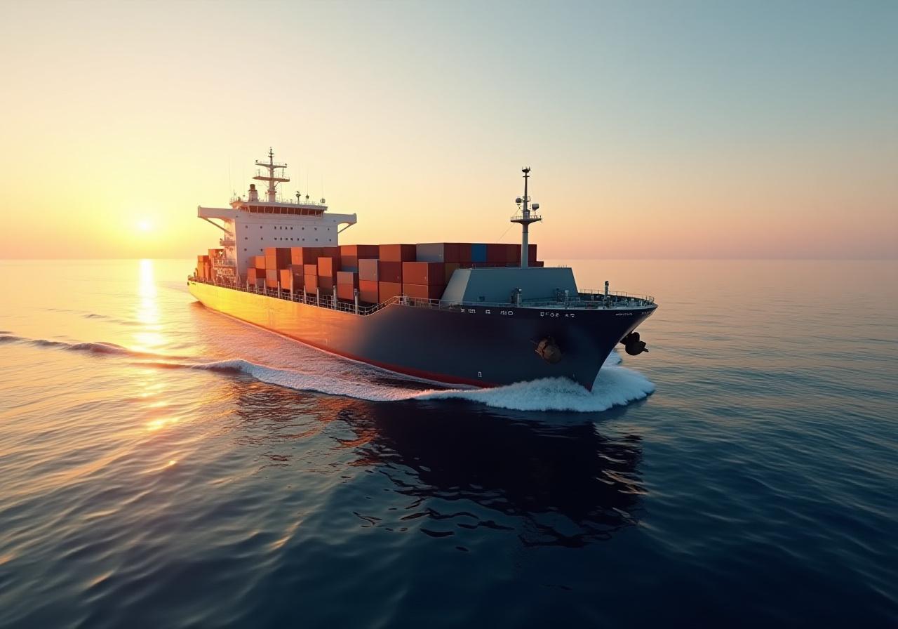 Großes Containerschiff auf offener See im Abendlicht